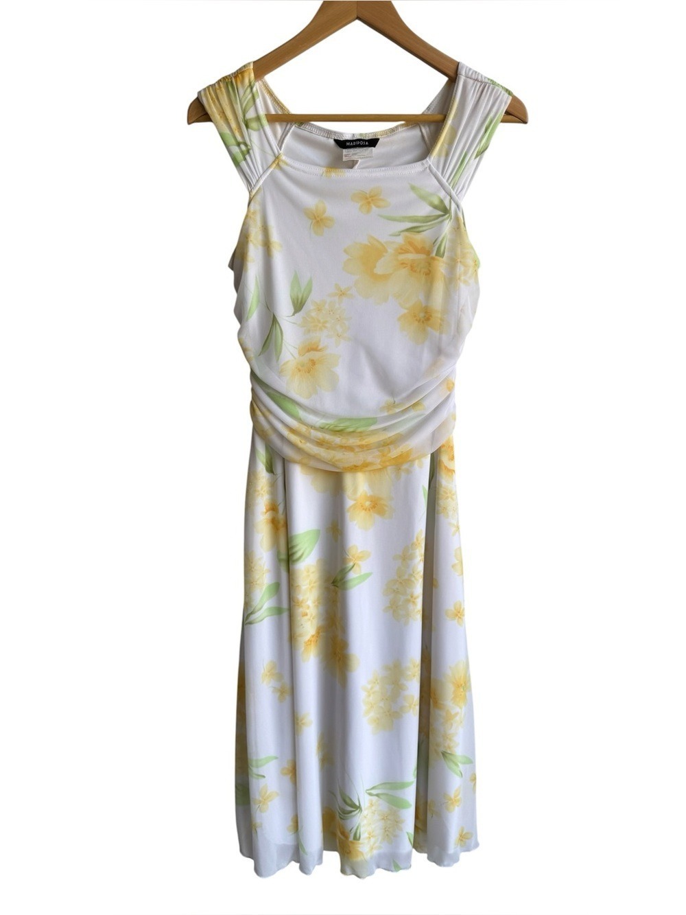 90s Y2K Mariposa Floral Cocktail Dress Sz L White Yellow Chiffon Garden Party